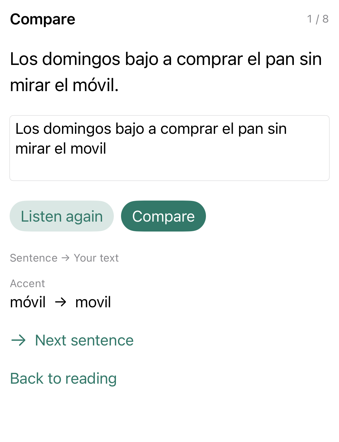 Pocket typed comparison for a Spanish sentence: móvil versus movil; dark mode also shows Los versus L.
